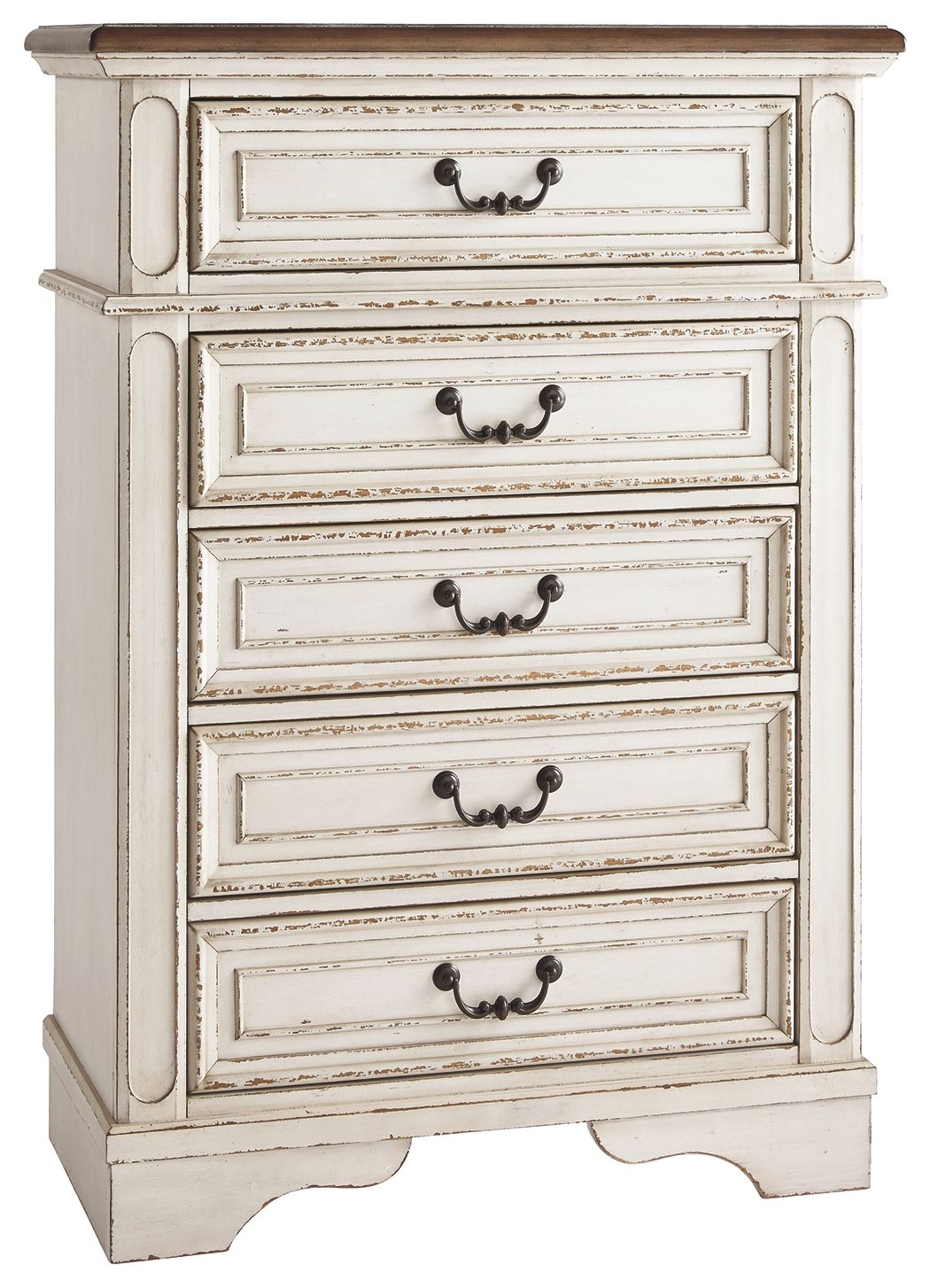 Chipped white chest of drawers with five cabinet drawers and curved metal pulls