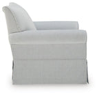 Light blue and white striped upholstered swivel glider accent chair, side view with tall back.