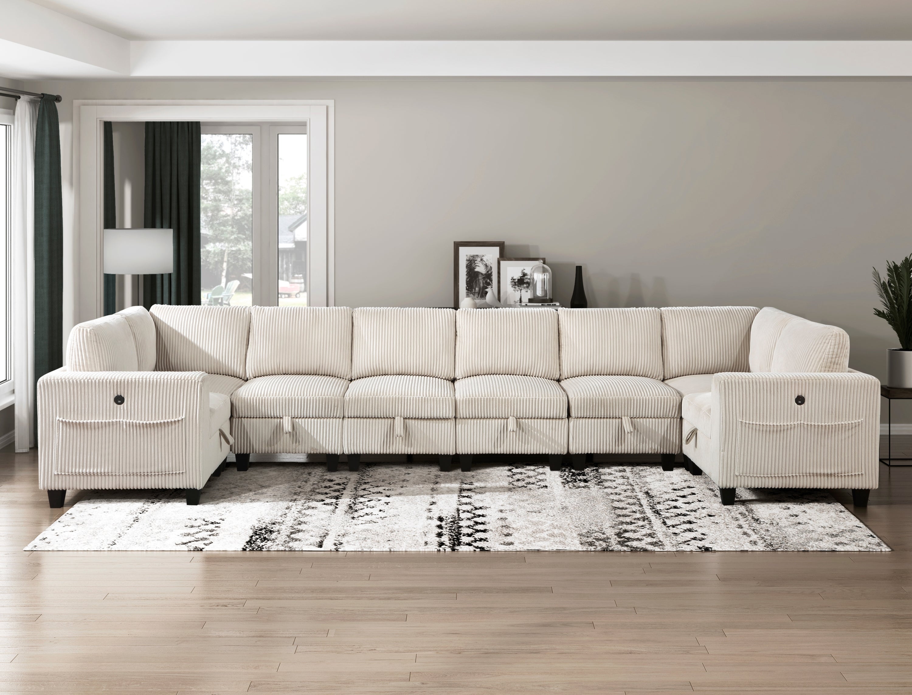 8-Pc Modular Sectional: Storage, Charging, Corduroy Beige Couch