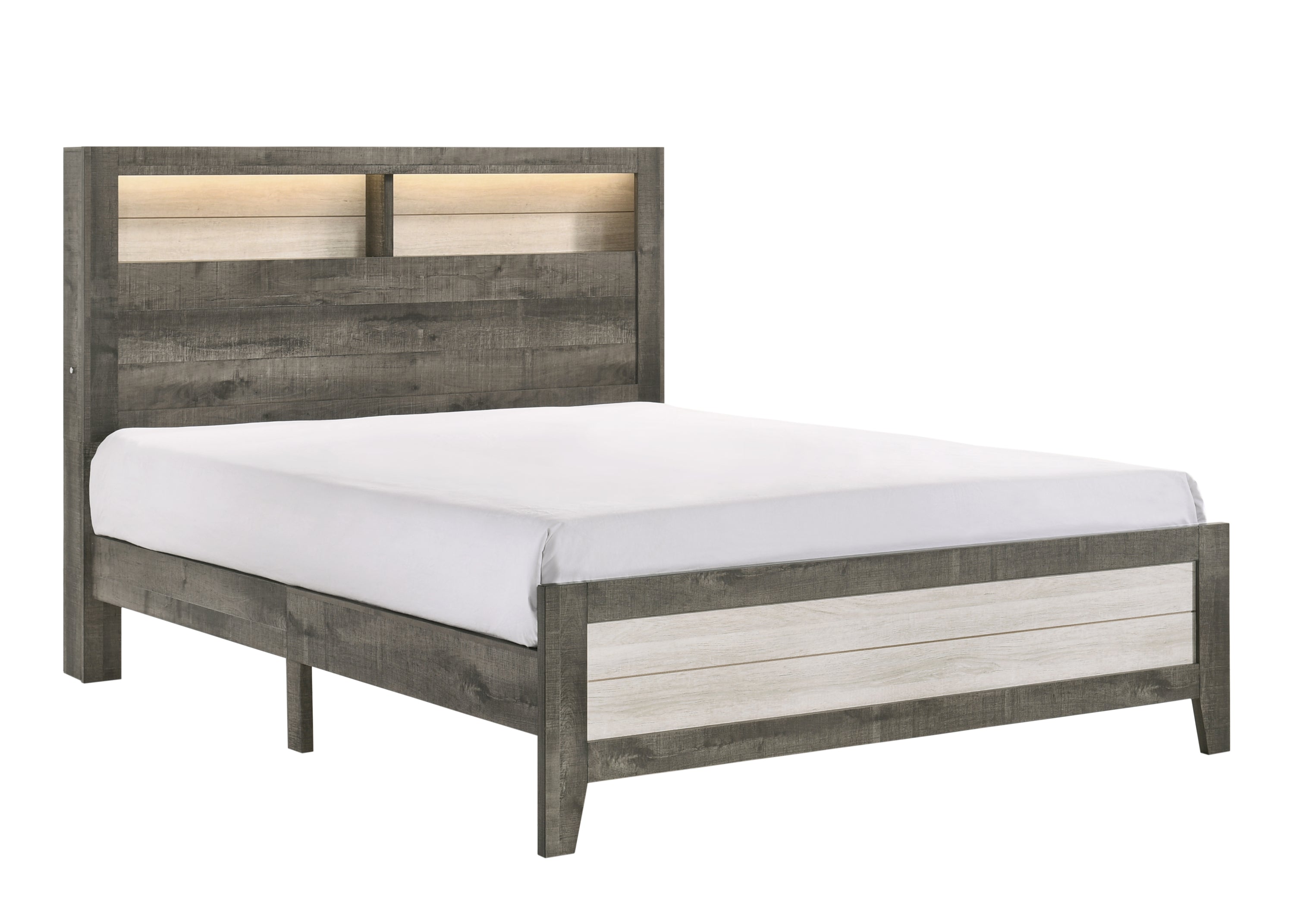 King Platform Storage Bed w/ Lighting, Plank Headboard Gray Beige
