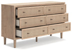 Cielden upholstered bedroom set dresser side view with beige fabric drawers and dark pulls