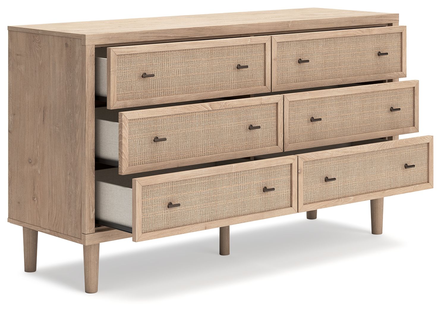 Cielden upholstered bedroom set dresser side view with beige fabric drawers and dark pulls