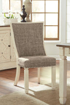 Dining table set: beige upholstered dining chair with light wood legs and arched back