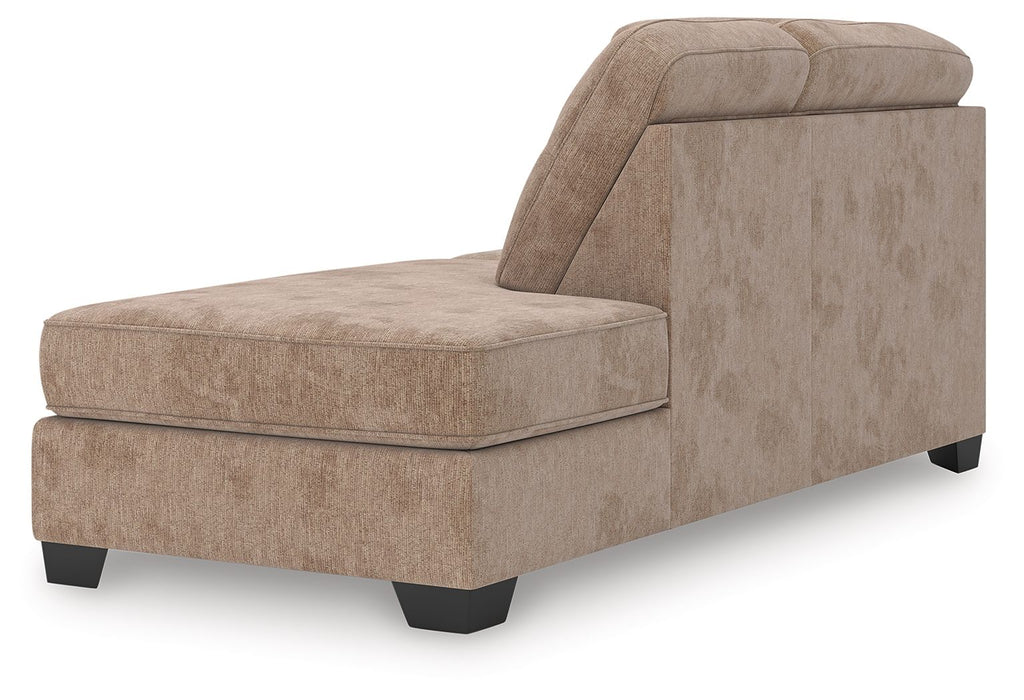 Mocha corner chaise with textured fabric, wide seat, curved back, and dark legs
