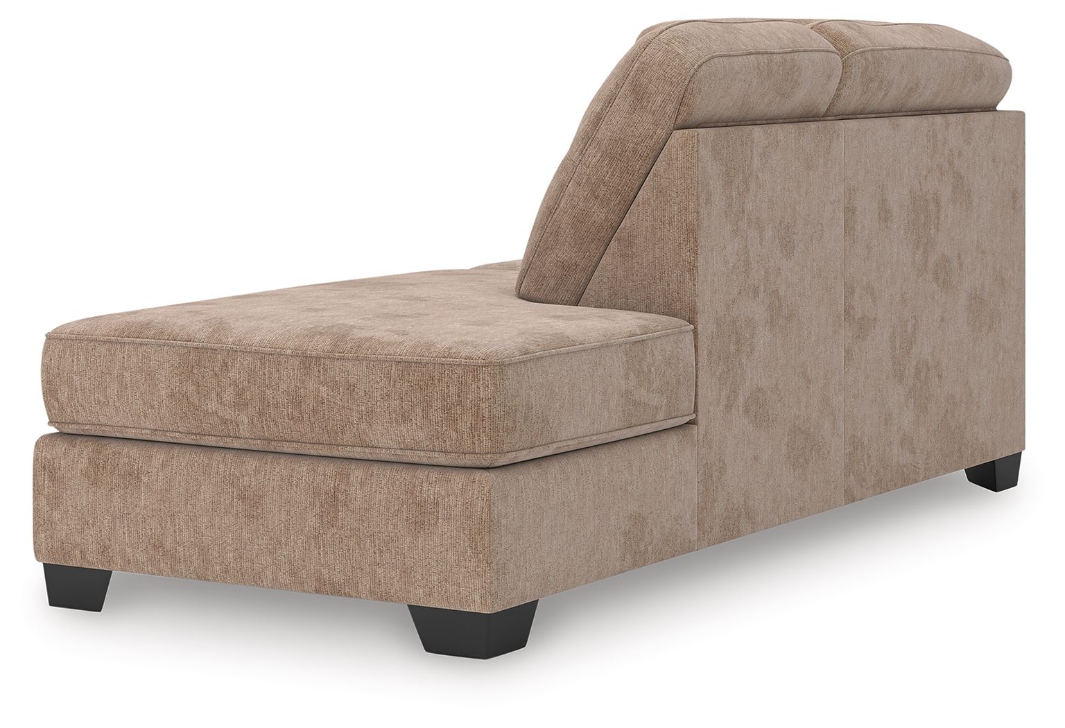 Mocha corner chaise with textured fabric, wide seat, curved back, and dark legs