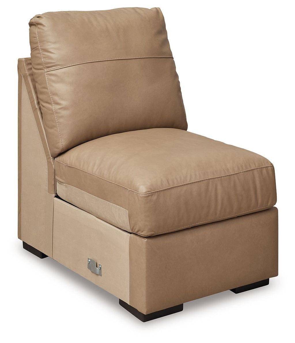 Toffee armless chair with padded seat and backrest, boxy silhouette, black feet