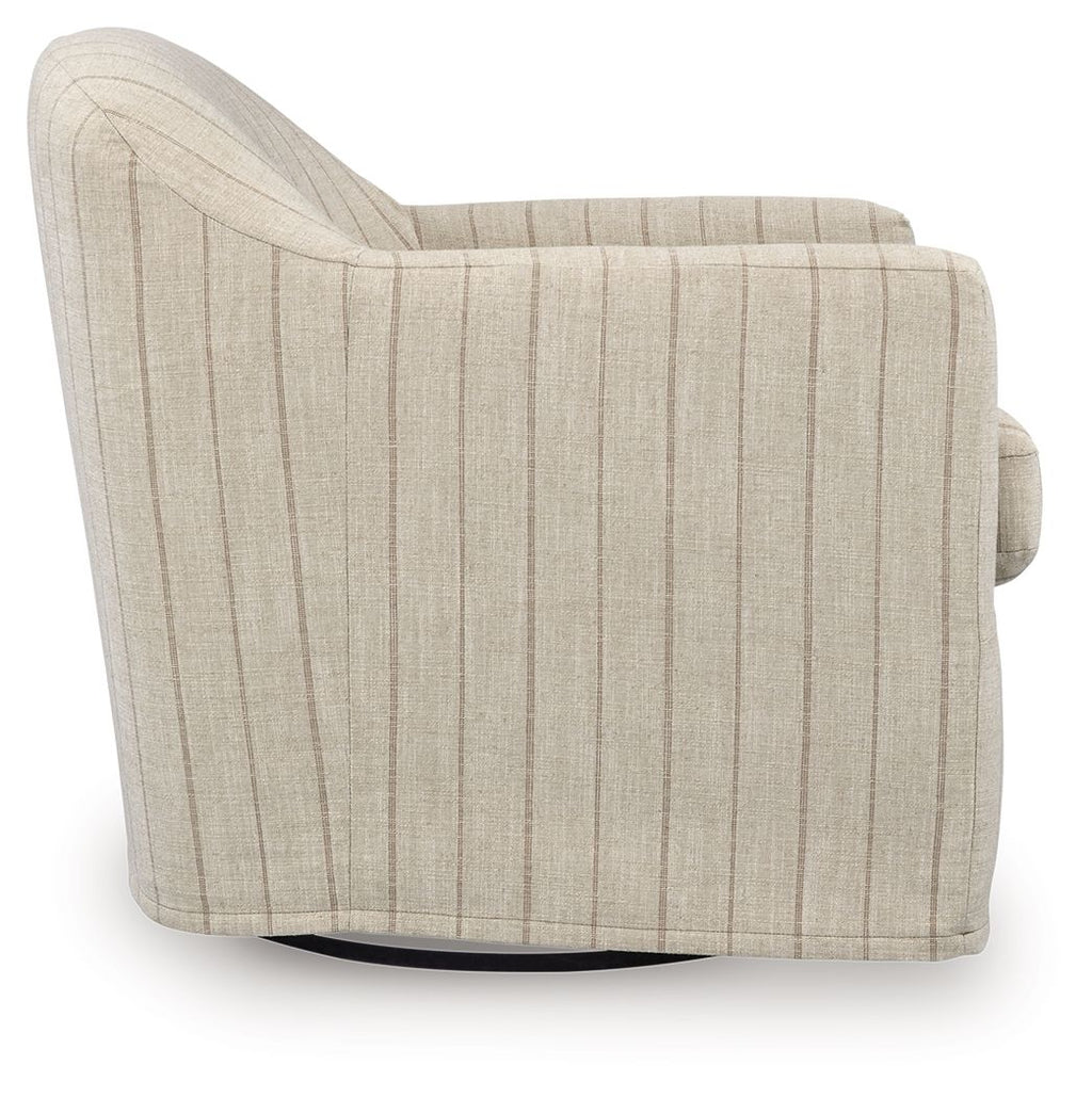 Cream swivel accent chair back view with vertical pinstripe upholstery and rounded arms.