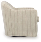 Cream swivel accent chair back view with vertical pinstripe upholstery and rounded arms.