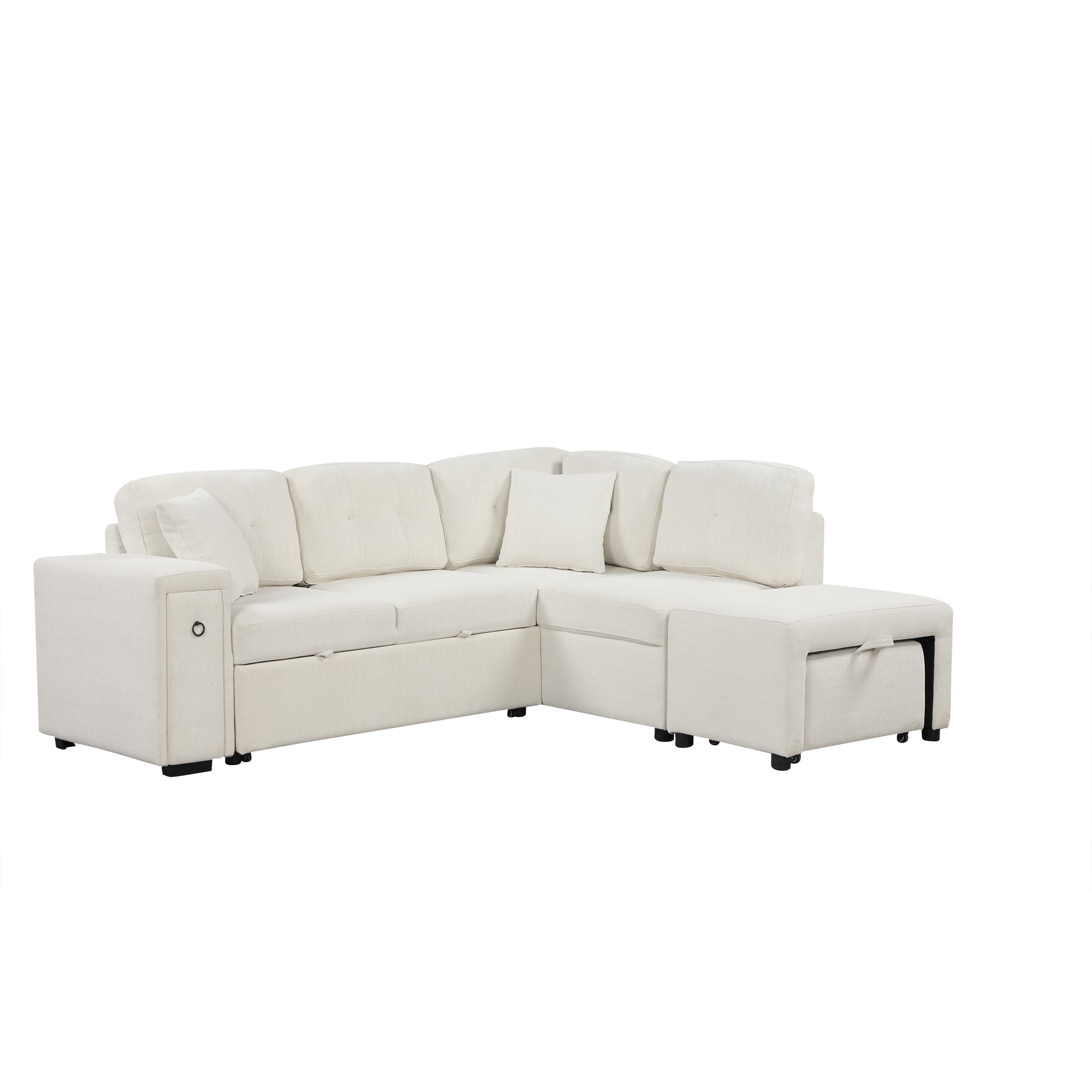 L-Shaped Sectional Sofa Couch with Pull-Out Bed & Ottoman, USB
