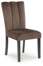 Mocha upholstered dining side chair with tall vertical back, padded seat, dark legs