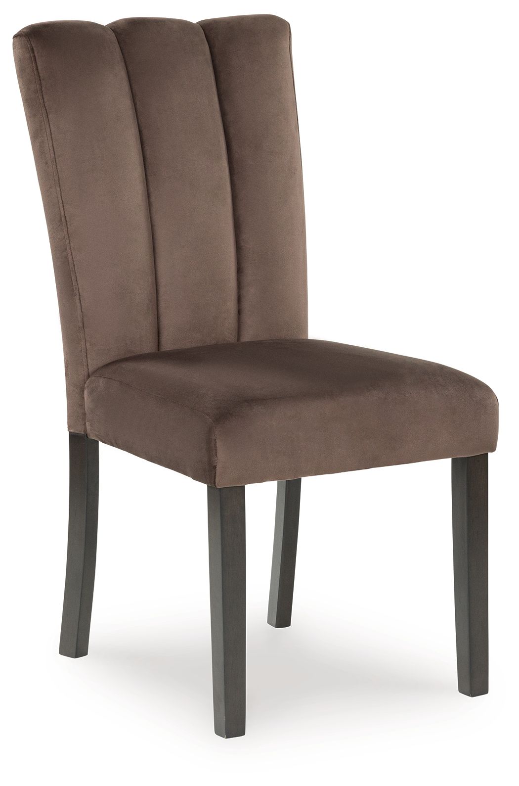 Mocha upholstered dining side chair with tall vertical back, padded seat, dark legs