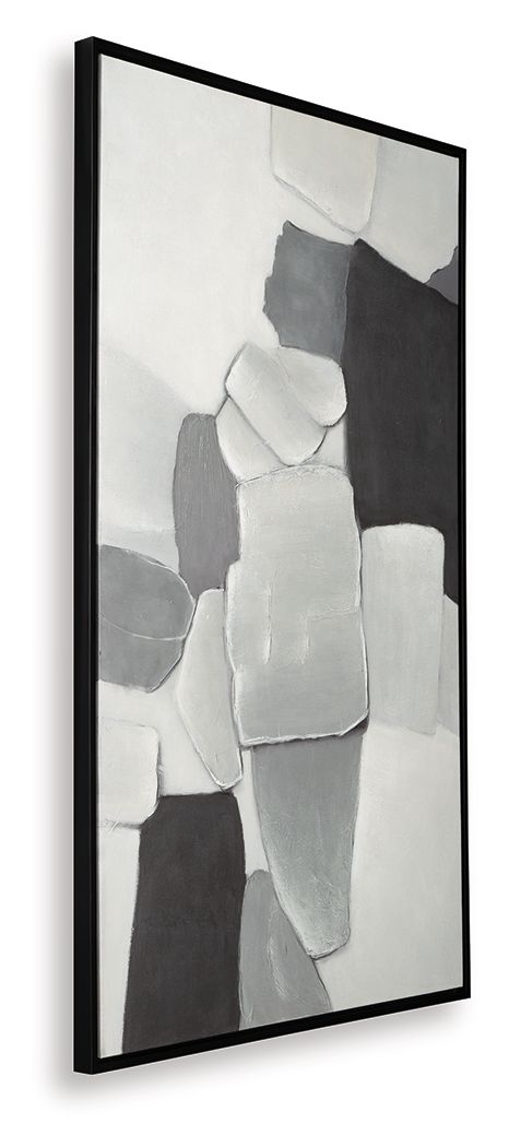 Framed abstract wall art with tall stacked light and dark gray blocks, black frame