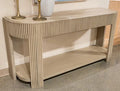 Light brown ribbed console table with open lower shelf