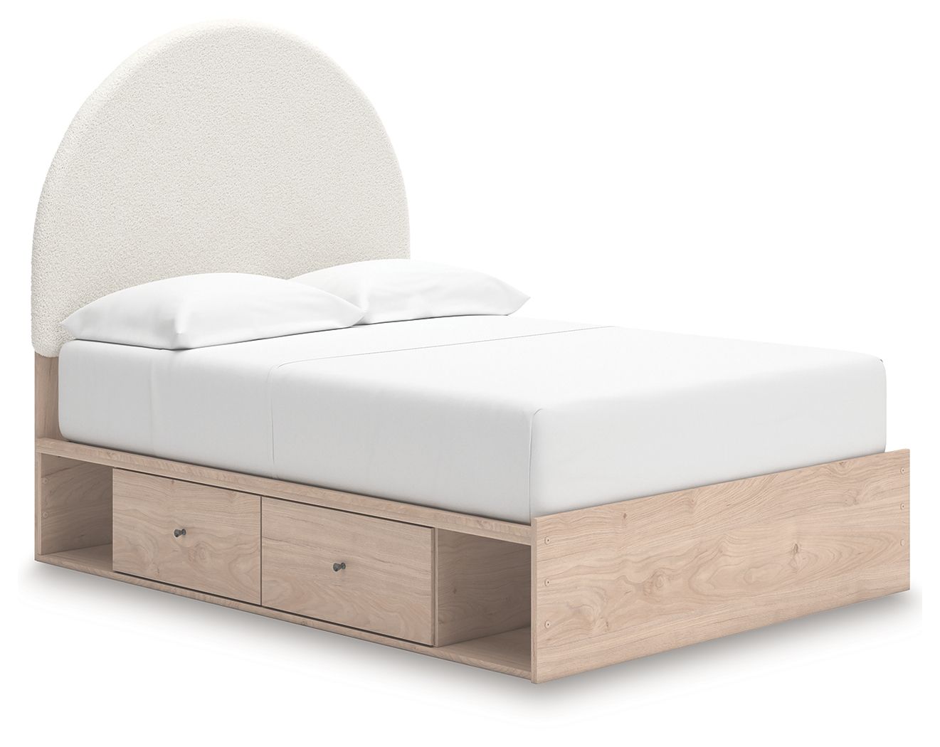 Upholstered panel bed with beige arched headboard, white mattress platform, two drawer storage