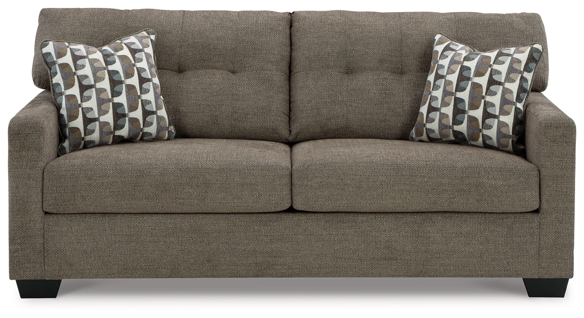 Chocolate sofa sleeper with two patterned throw pillows and tufted back cushions