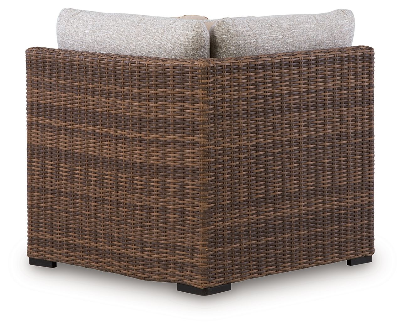 Dolan Creek outdoor corner with cushion, beige cushions on brown woven wicker chair