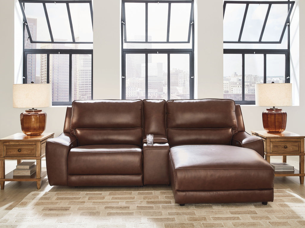 Dark brown power reclining sectional with two seats in recline positions
