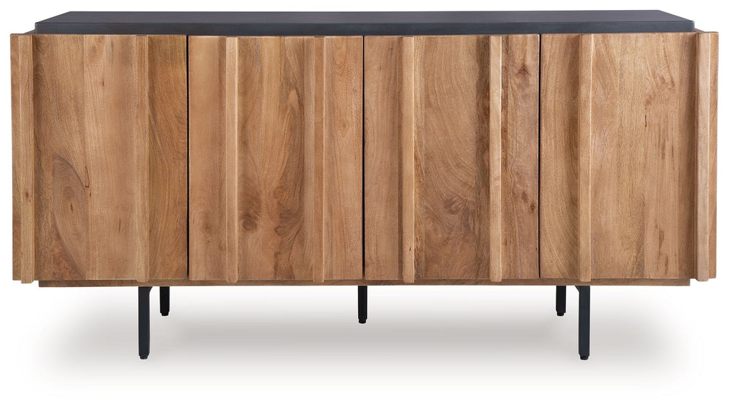 Wood accent cabinet with charcoal top and four paneled doors, black legs