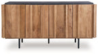 Wood accent cabinet with charcoal top and four paneled doors, black legs