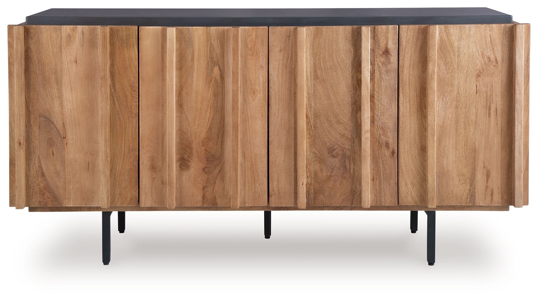 Wood accent cabinet with charcoal top and four paneled doors, black legs