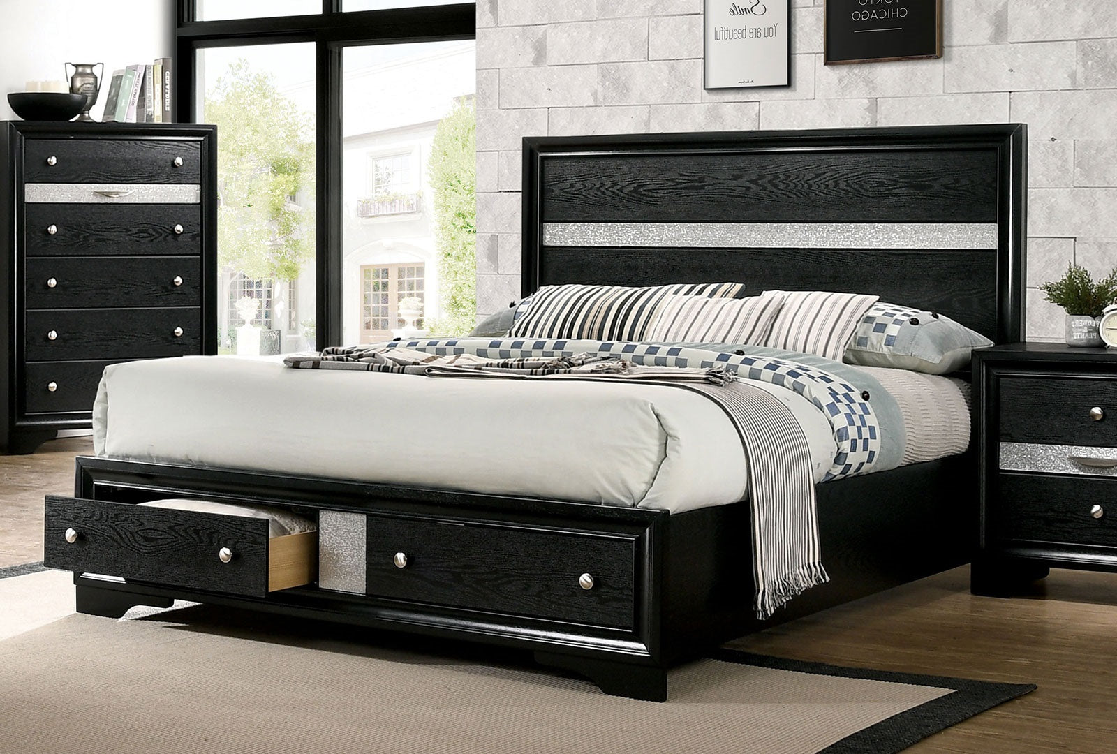 Contemporary Queen Size Bed - Black Solidwood with Storage