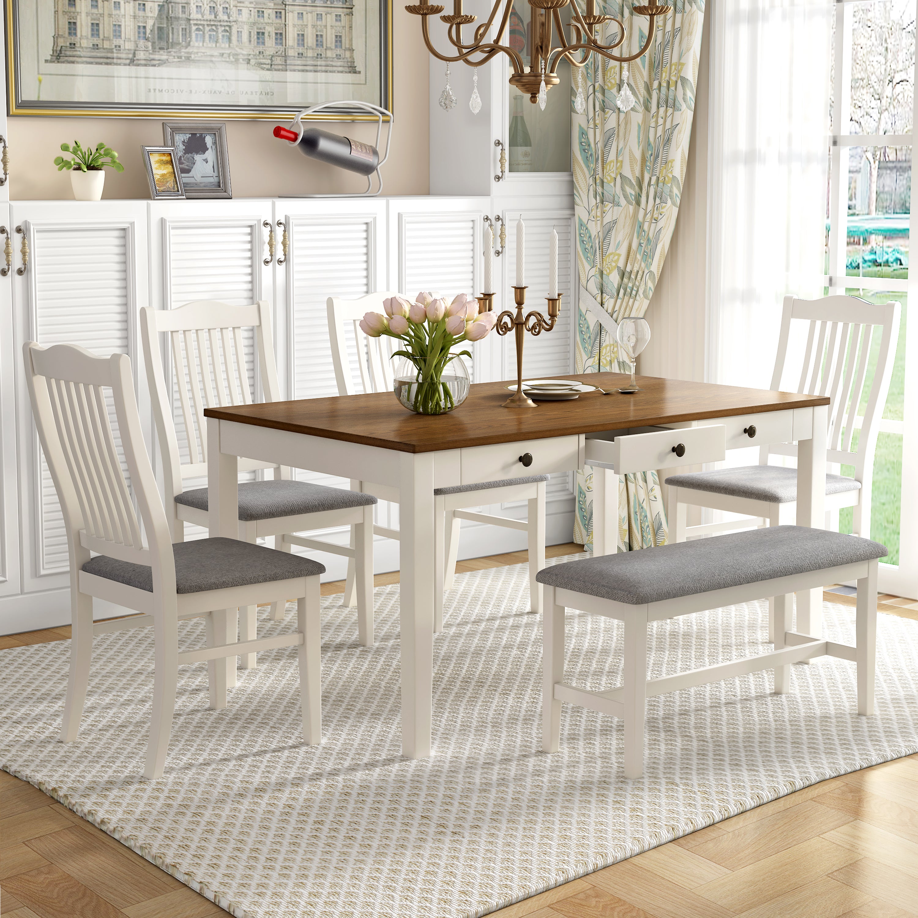 Mid-Century 6-Pc Dining Set w/ Bench - Butter Milk