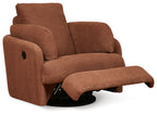 Spice brown fabric swivel glider recliner with extended ottoman footrest