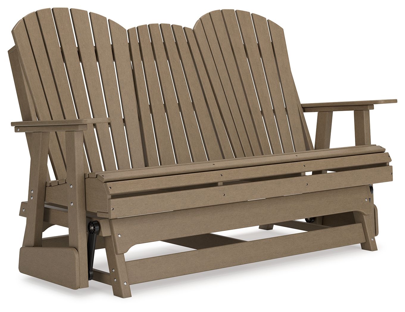 Dark brown outdoor glider loveseat with curved slat back and matching armrests