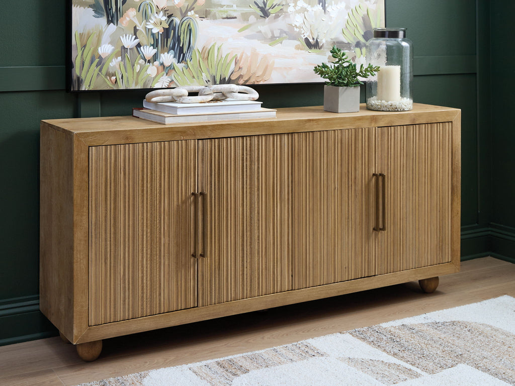 Light antique beige accent cabinet with three vertical slats, two doors, and bar handles