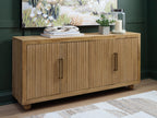 Light antique beige accent cabinet with three vertical slats, two doors, and bar handles