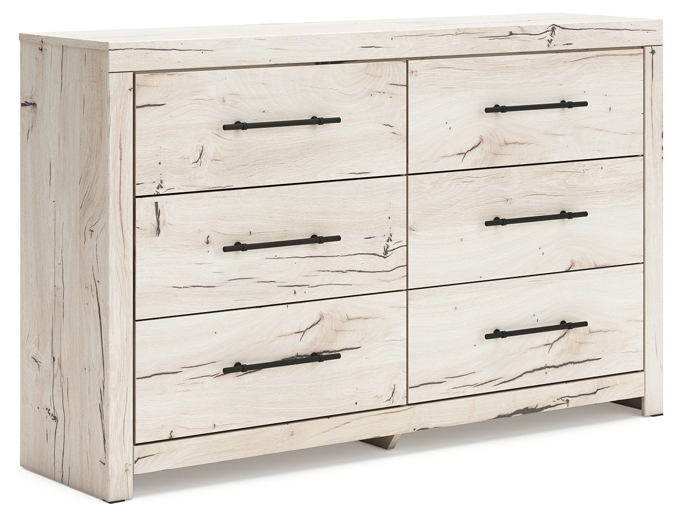 Light natural six-drawer dresser with six drawers and black bar pulls, side view.