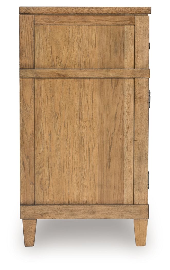 Light brown wooden TV stand cabinet door with framed panels and short legs