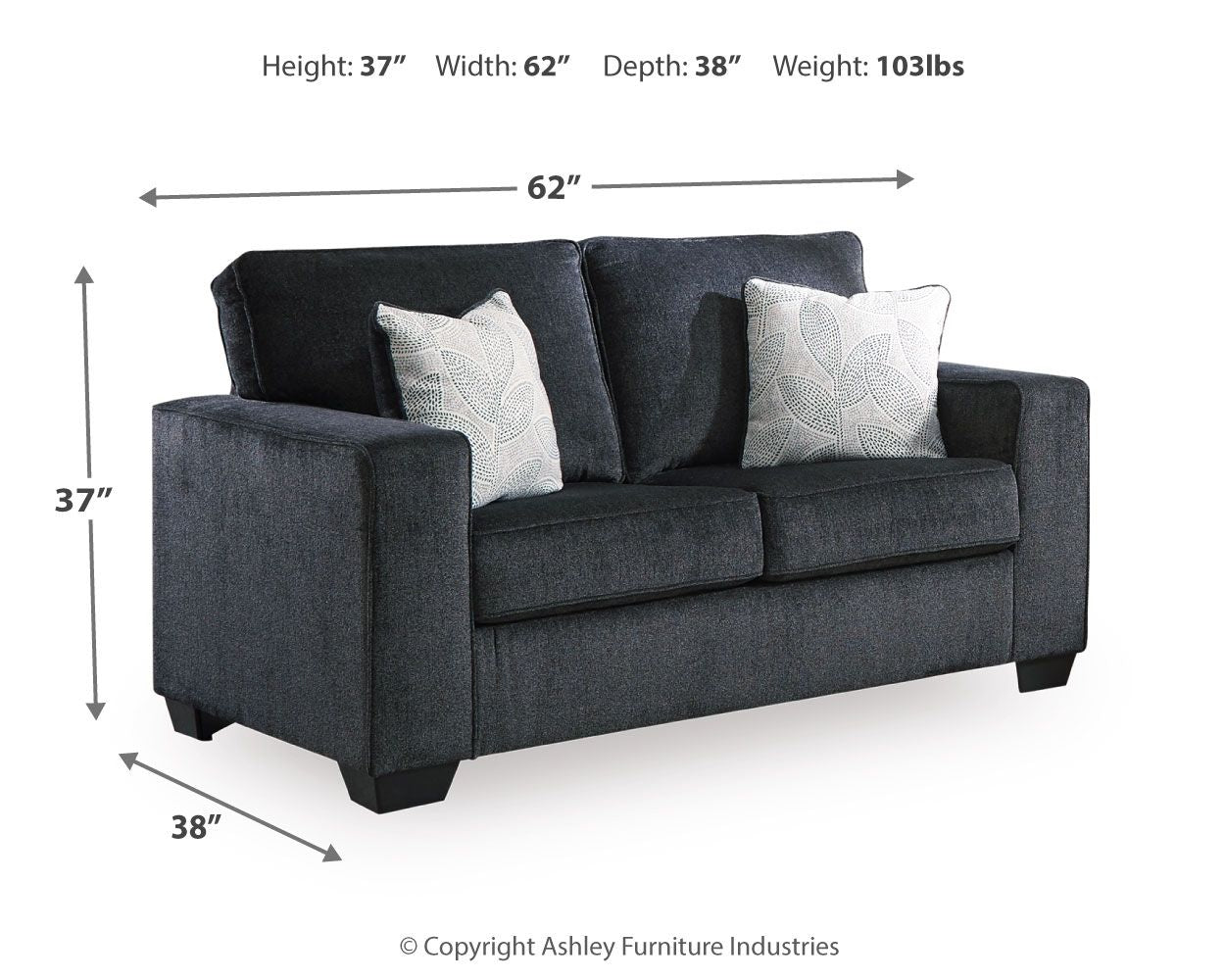 Dark gray stationary loveseat with two white patterned throw pillows and boxed seat cushions