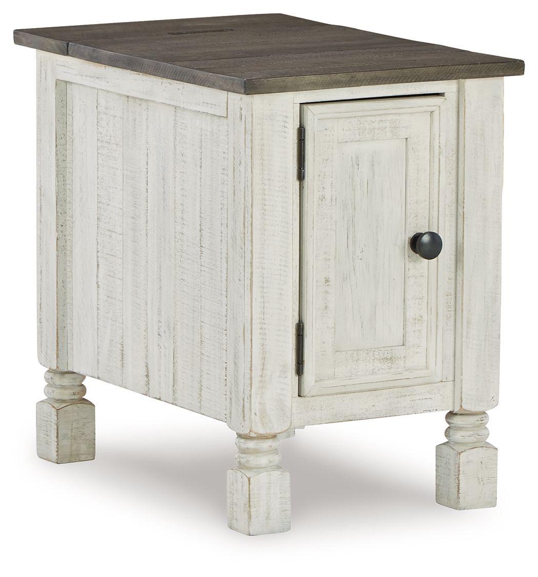 Havalance chair-side end table with white distressed panels, gray top, hinged door and knob