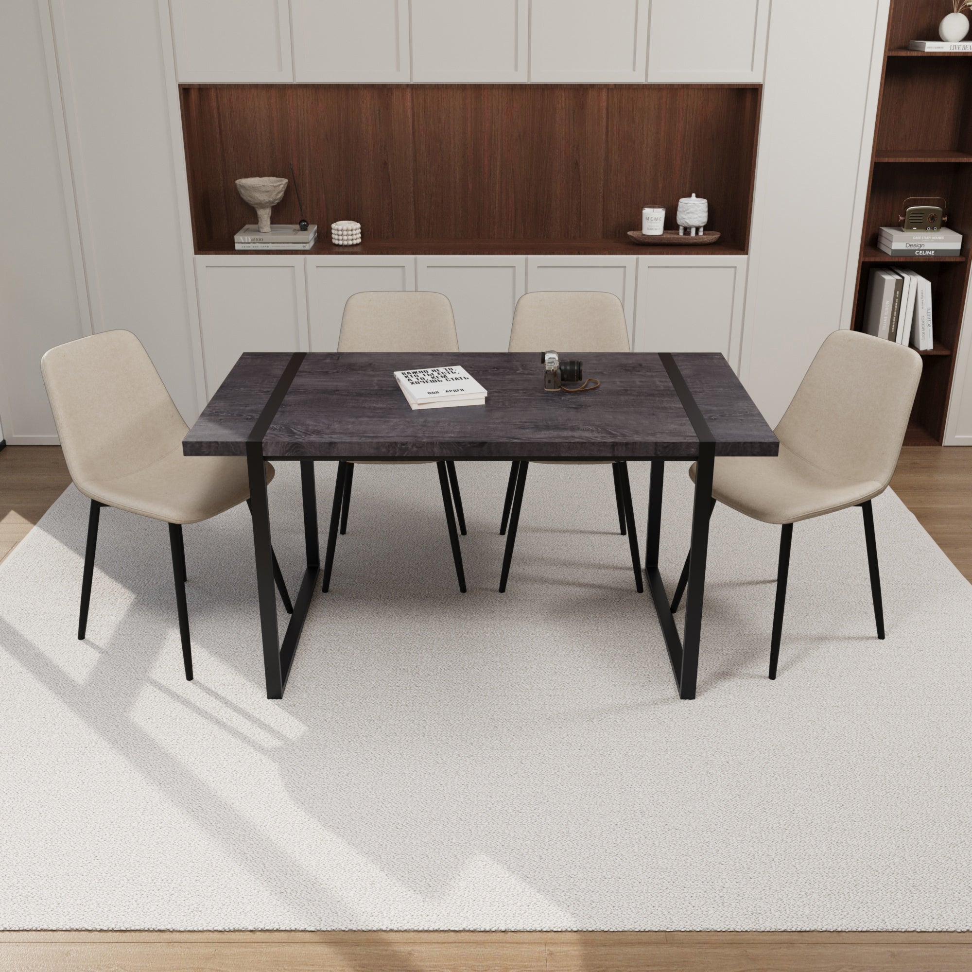 59" Black Dining Table Set w/ 4 Suede Chairs