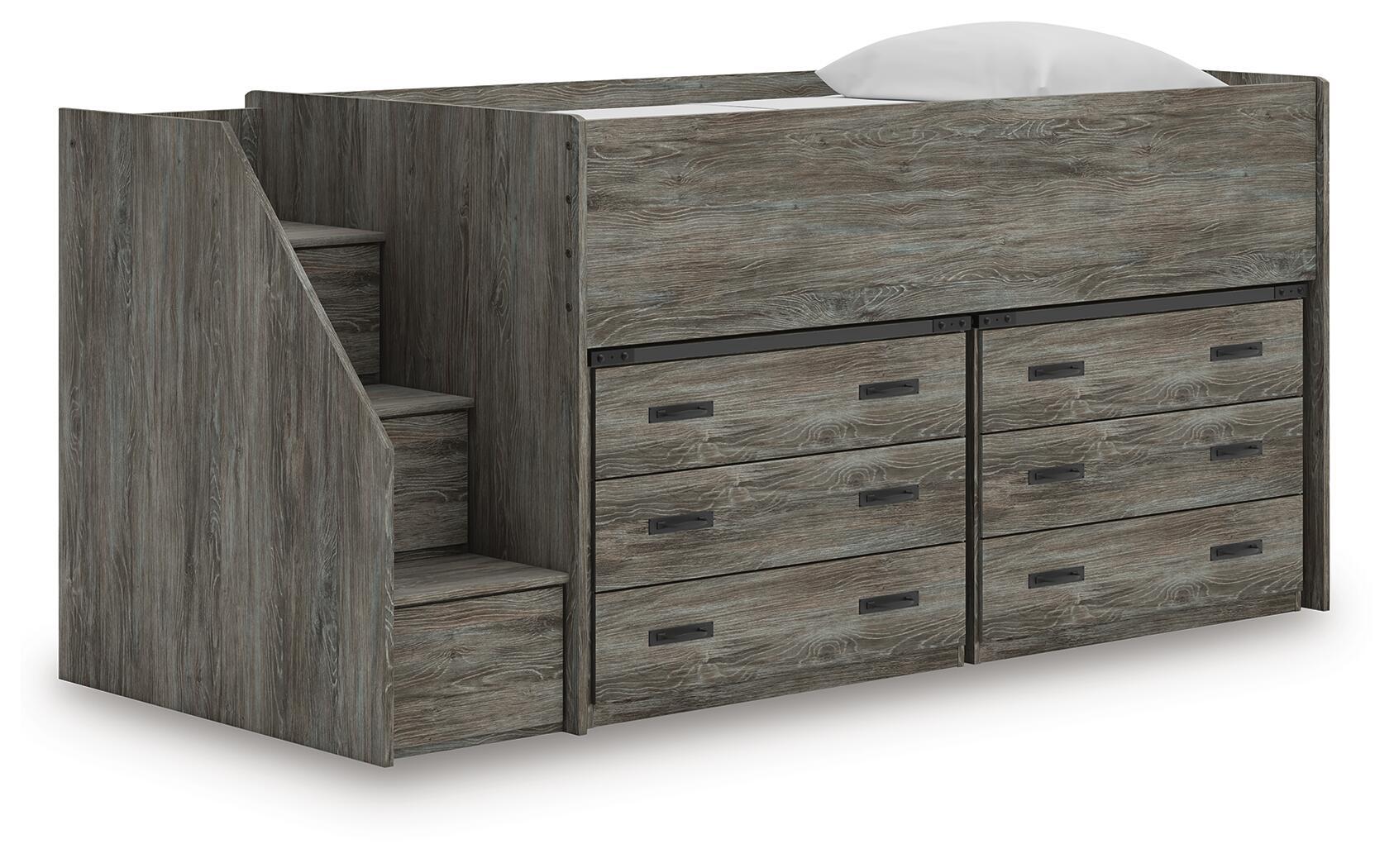 Gray loft bed with staircase steps and 6-drawer cabinet storage