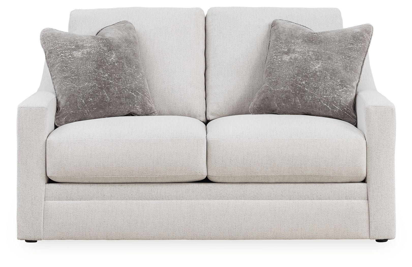 Chalk loveseat front view with two dark gray pillows on a padded back