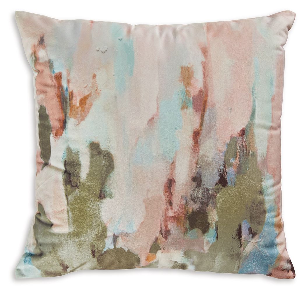 Abstract watercolor pillow in pink, teal, and tan on a light background.