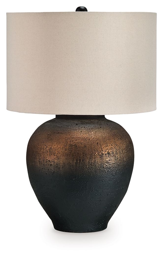 Brown and black metal table lamp with fabric drum shade