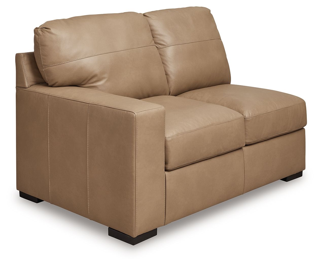 Toffee loveseat with tufted seat cushions, square arms, and short dark legs
