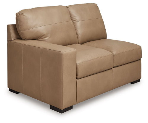 Toffee loveseat with tufted seat cushions, square arms, and short dark legs