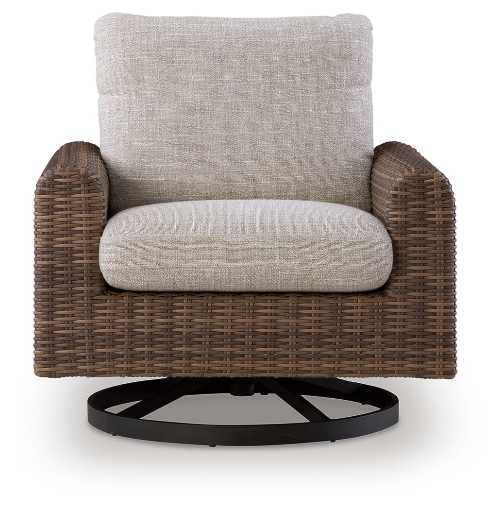 Woven swivel lounge chair with gray cushion and dark brown arms, round black base