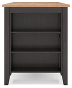 Rectangular dining counter with dark wood top and dark gray cabinet with shelves