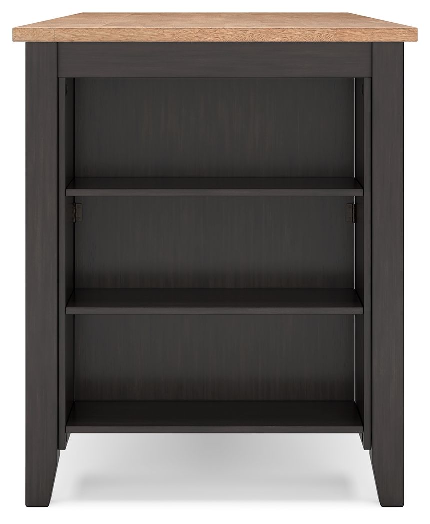 Rectangular dining counter with dark wood top and dark gray cabinet with shelves