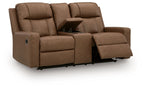 Light brown double reclining loveseat with center console and side control panel detail