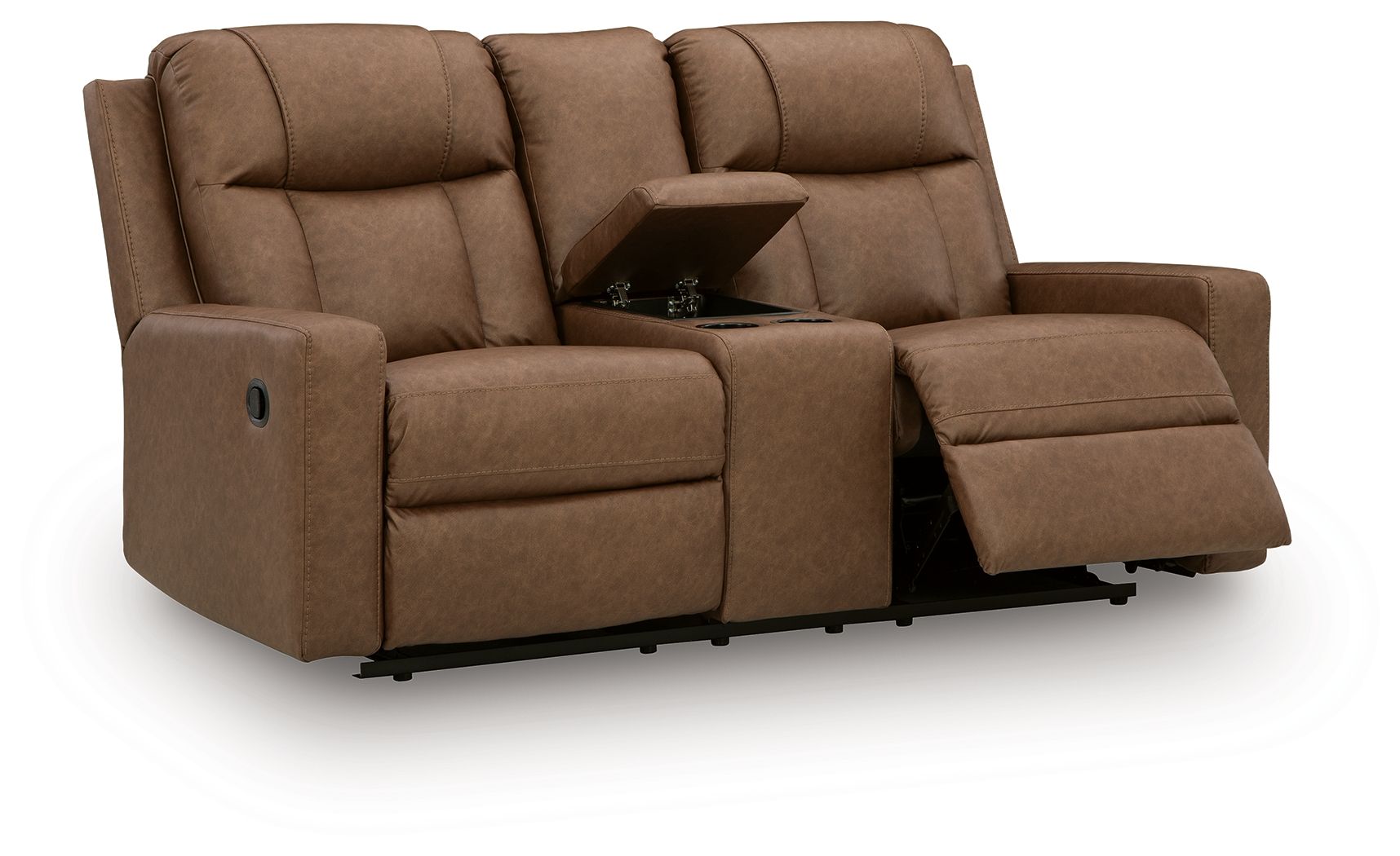 Light brown double reclining loveseat with center console and side control panel detail