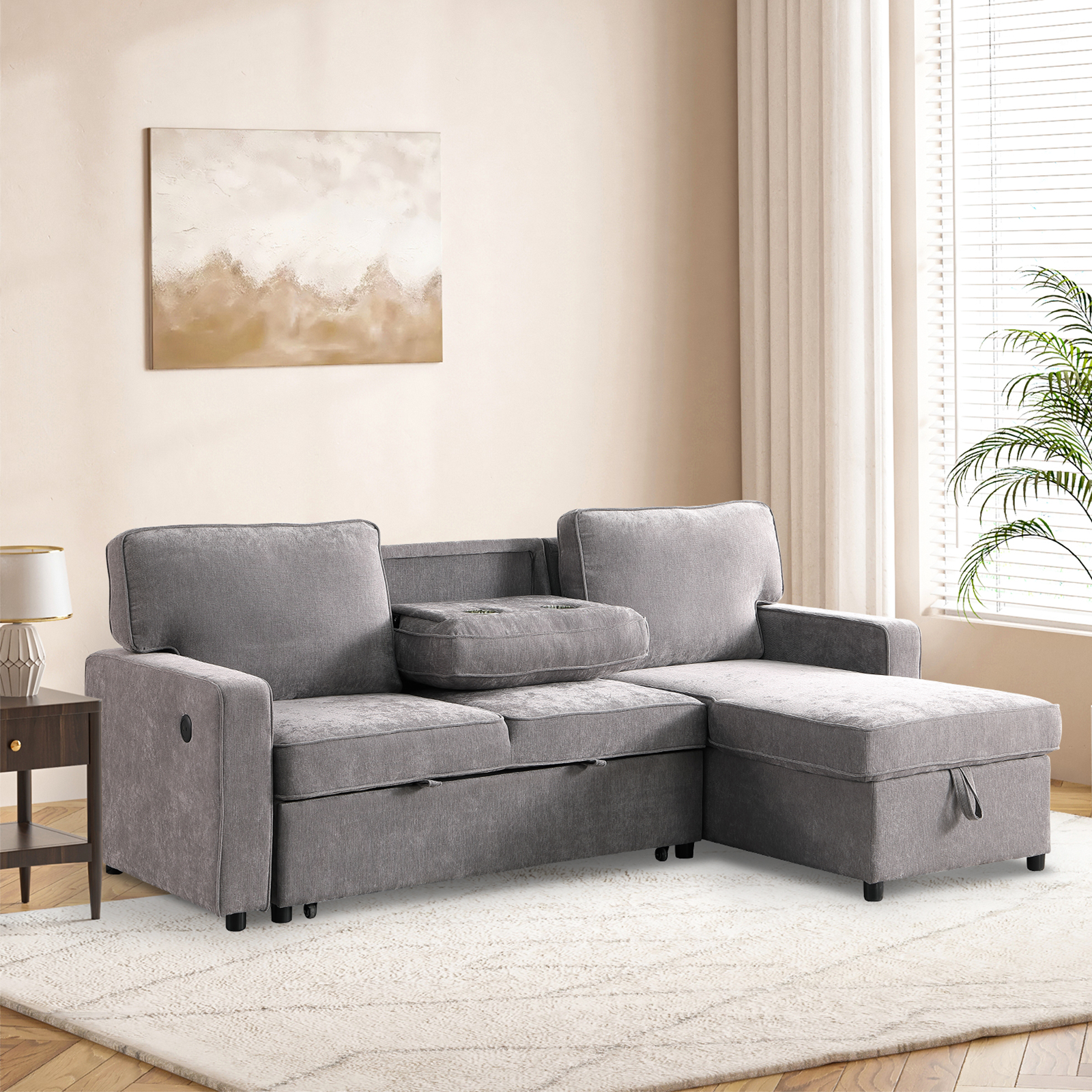 Grey Sleeper Sectional Sofa with Storage, USB & Cupholders