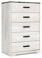Whitewash drawer chest with five drawers and dark metal bar handles