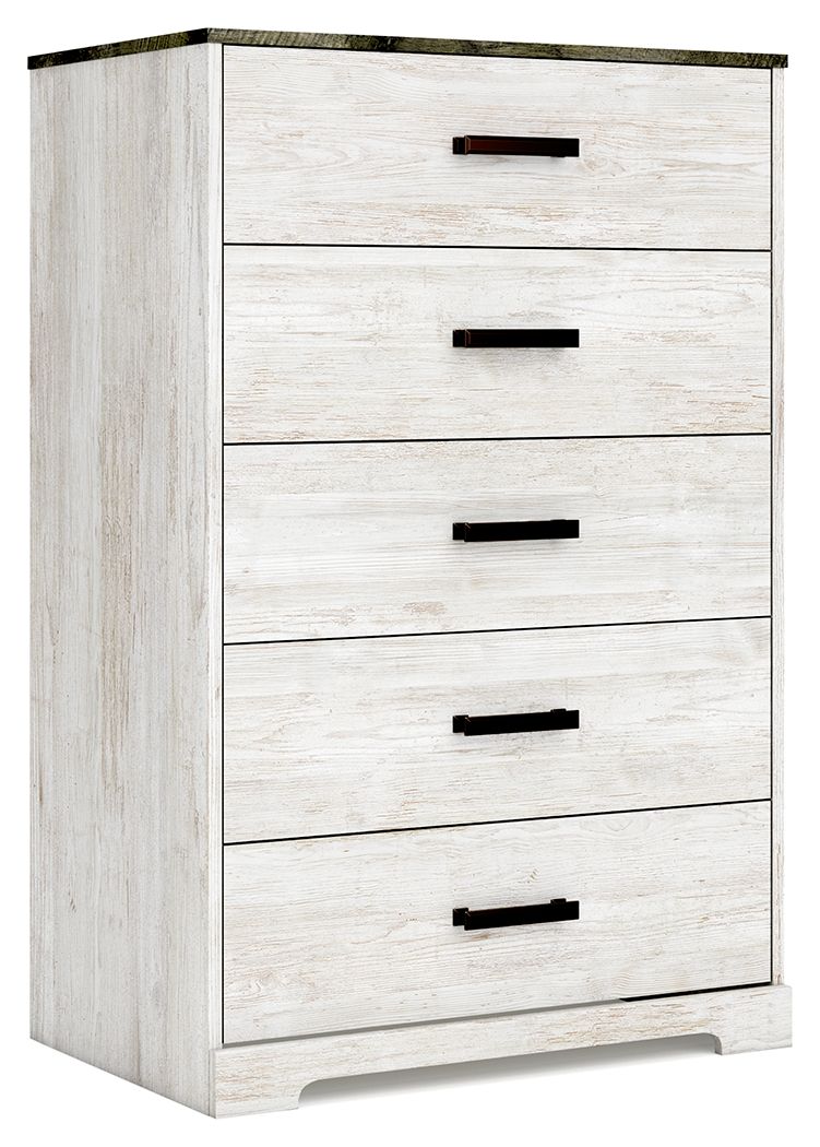Whitewash drawer chest with five drawers and dark metal bar handles
