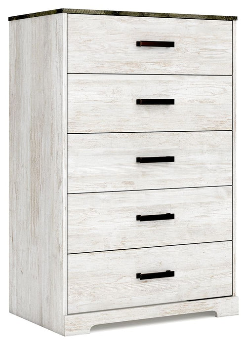 Whitewash drawer chest with five drawers and dark metal bar handles